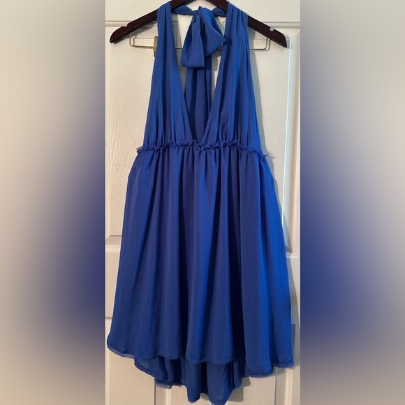 NWT FREE PEOPLE XL Esme Mini Dress Brilliant Blue Halter Top Chiffon Satin Strap - Picture 14 of 15